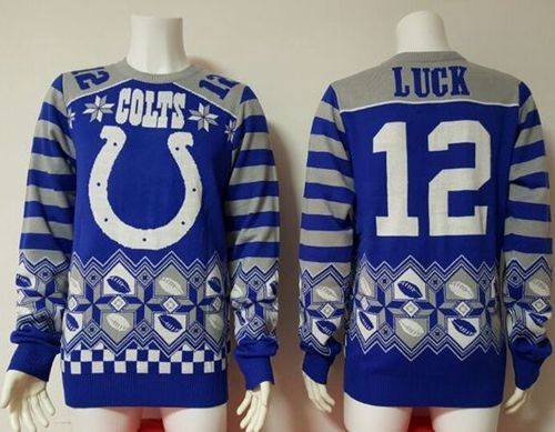 Nike Colts #12 Andrew Luck Royal Blue/White Men's Ugly Sweater - Click Image to Close